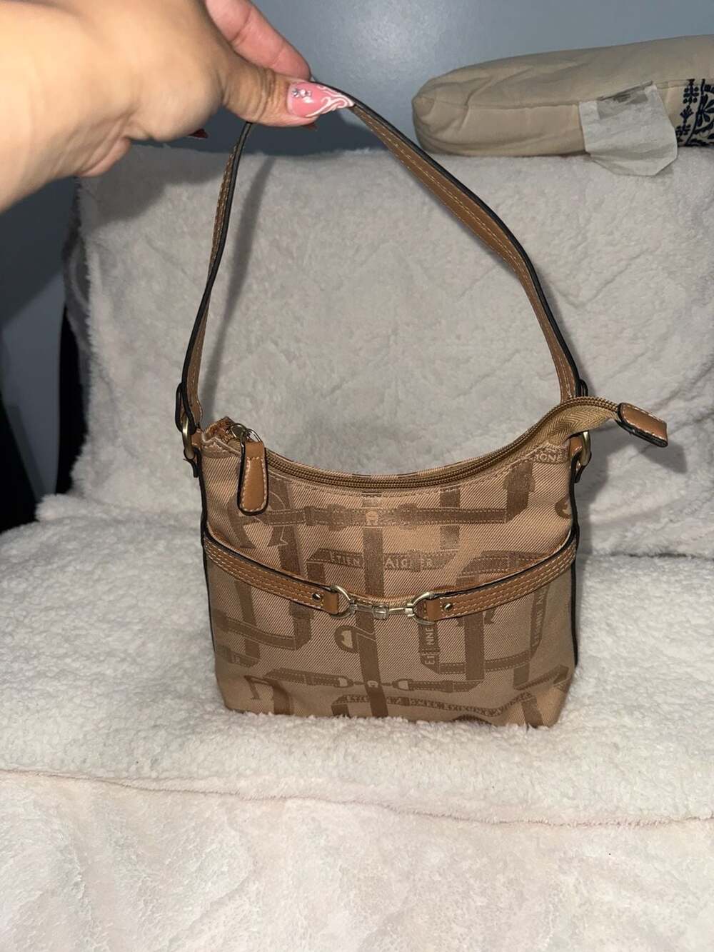Etienne Aigner Tan Jacquard Monogram Shoulder Bag with Horsebit Detail